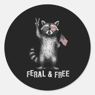 Sticker Rond Raccoon Feral Et Free Funny 4 juillet Usa Patri