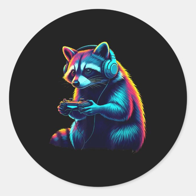 Sticker Rond Raccoon Gaming Animal Video Games Funny Raccoon  (Devant)