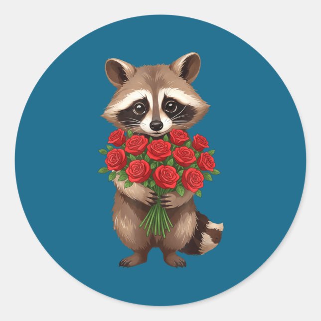 Sticker Rond Raccoon Holding Red Rose Cute Raccoon Valentine An (Devant)