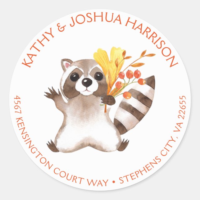 Sticker Rond Raccoon mignon avec les feuilles automnales Adress (Devant)