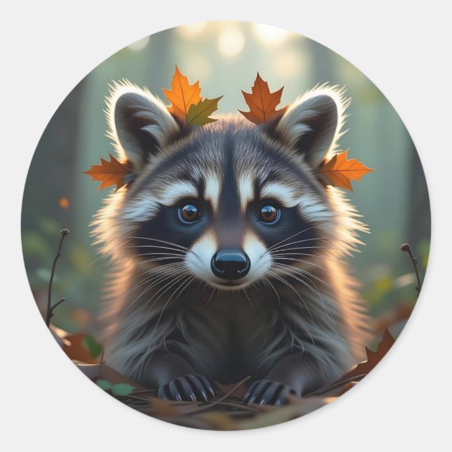 Sticker Rond Raccoon mignon dans les feuilles d'automne (Devant)