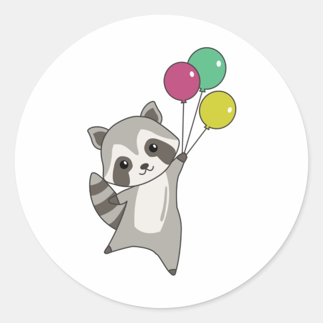 Sticker Rond Raccoon Mouches Ballons Au-Dessus De Mignons Anima (Devant)