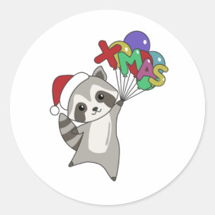 Sticker Rond Raccoon Noël Neige hiver Raccoon