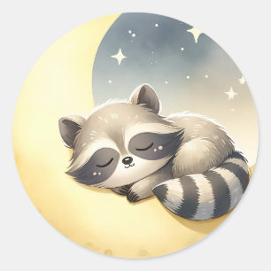 Sticker Rond Raccoon sur la lune mignonne Bois Animaux Enfants