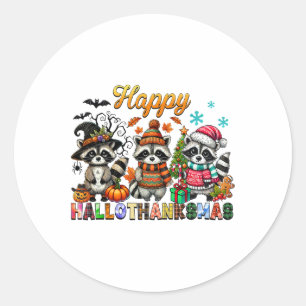 Sticker Rond Raccoons Hallothanksmas Halloween Thanksgivi
