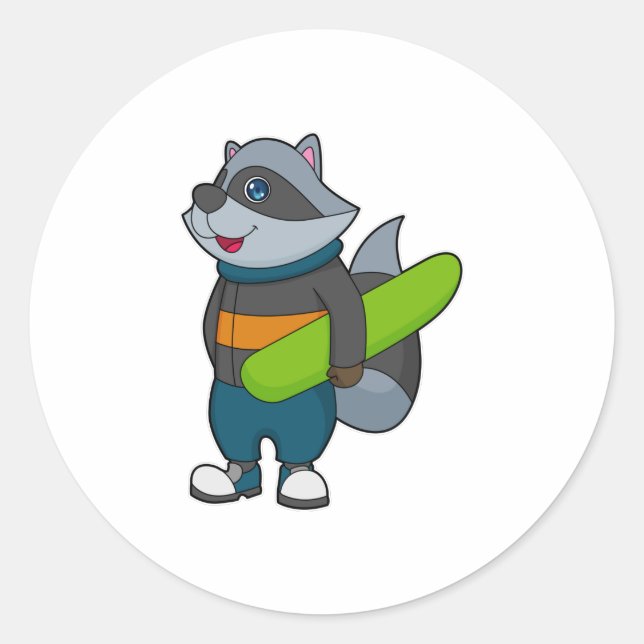 Sticker Rond Racoon as Snowboarder avec snowboard (Devant)