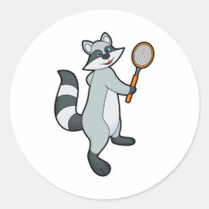 Sticker Rond Racoon comme joueur de tennis avec raquette de ten