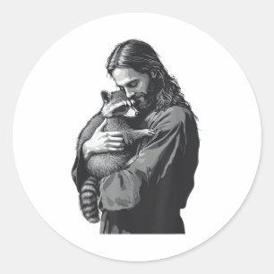 Sticker Rond Racoon Lover Trash Panda Christian Jesus tenir un