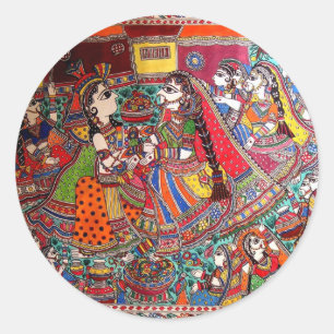 STICKER ROND RADHA KRISHNA HINDU GODS MADHUBANI ART STYLE