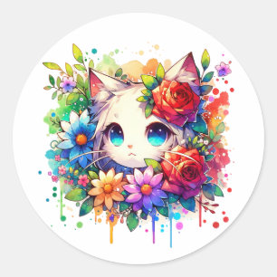 Sticker Rond Rainbow Anime Kitten Anniversaire