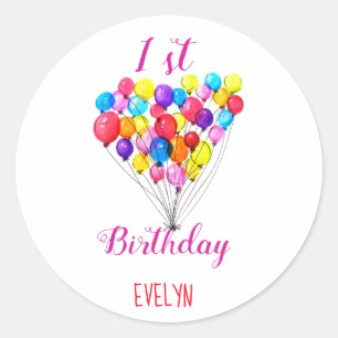 Sticker Rond Rainbow BALLOON Girl 1er anniversaire Aquarelle ro
