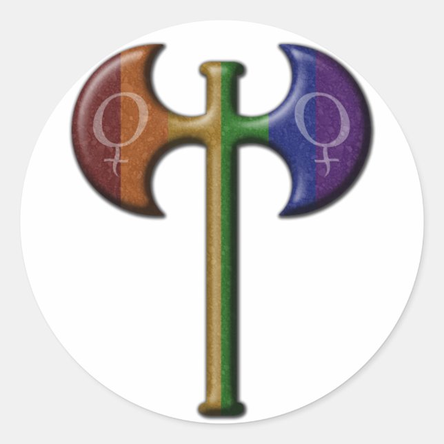 Sticker Rond Rainbow Colorée Lesbian Pride Labrys (Devant)