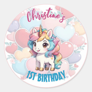 Sticker Rond Rainbow Cute Unicorn & Coeurs Anniversaire Personn