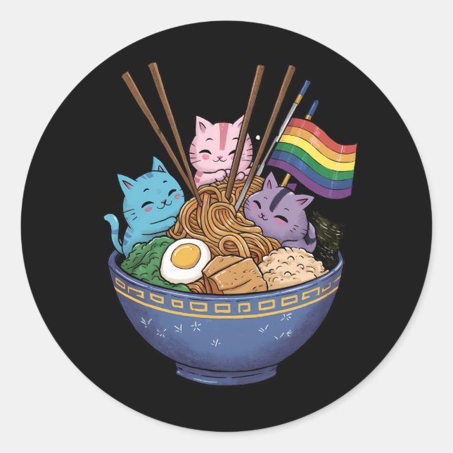 Sticker Rond Rainbow Flag Cats Ramen Anime Mois Gay pride LGBT (Devant)