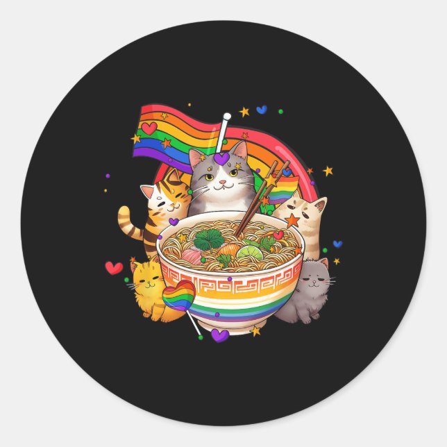 Sticker Rond Rainbow Flag Chats Ramen Anime Mois Gay pride Lgbt (Devant)