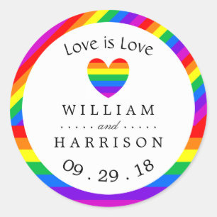Sticker Rond Rainbow Heart Love is Love Mariage