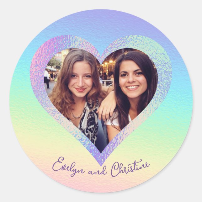 Sticker Rond Rainbow Holographic Heart Frame Photo personnalisé (Devant)