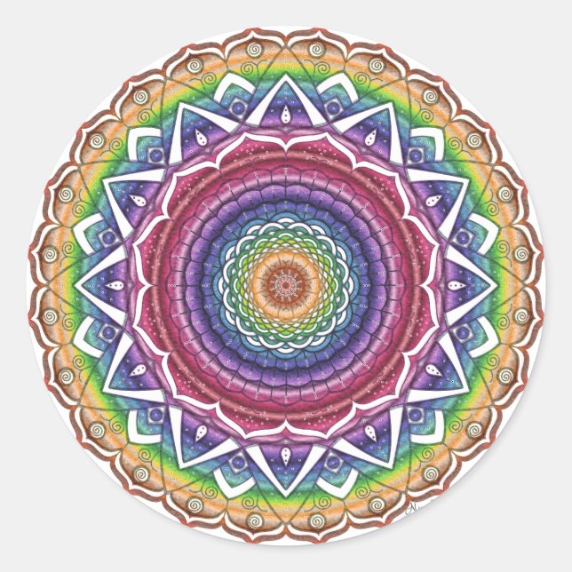 Sticker Rond Rainbow Spiral et Fleur géométrique Mandala (Devant)