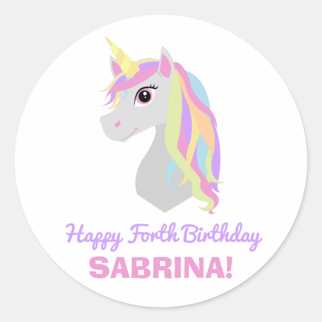 Sticker Rond Rainbow Unicorn Anniversaire Nom personnalisé Stic (Devant)
