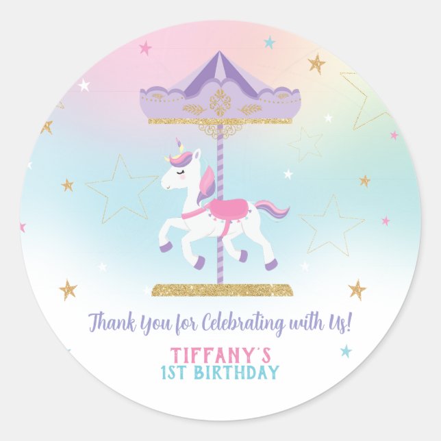 Sticker Rond Rainbow Unicorn Carousel 1er anniversaire Parties  (Devant)