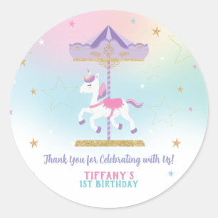 Sticker Rond Rainbow Unicorn Carousel 1er anniversaire Parties 