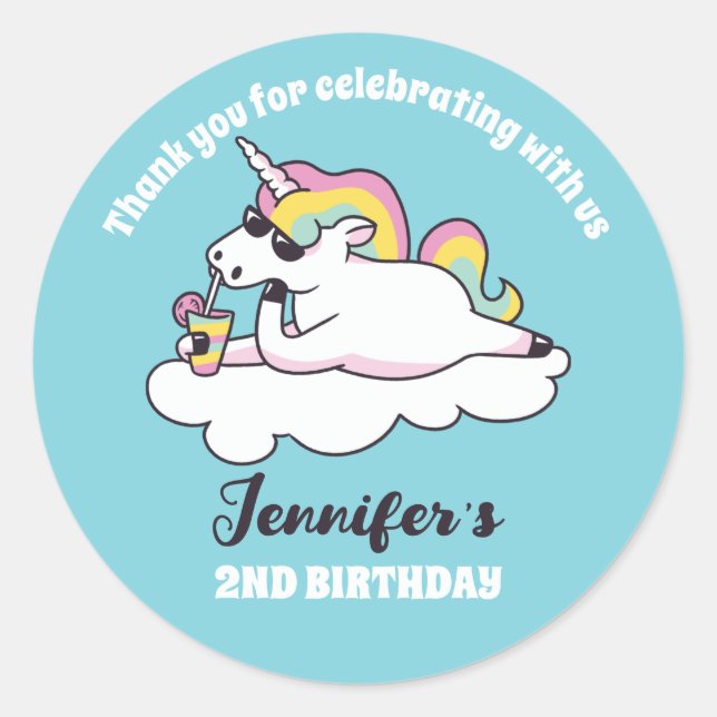 Sticker Rond Rainbow Unicorn dans lunettes de soleil Anniversai (Devant)
