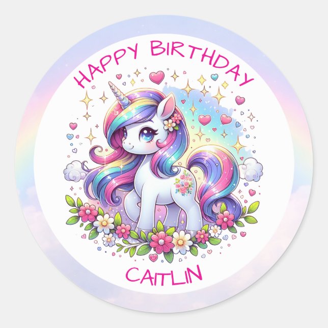 Sticker Rond Rainbow Unicorn Girl's Birthday Party Personalized (Devant)