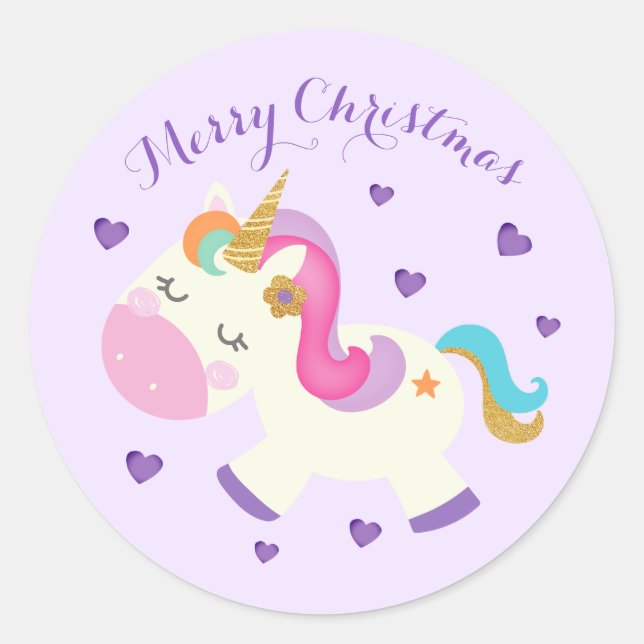 Sticker Rond Rainbow Unicorn Parties scintillant de Noël pourpr (Devant)