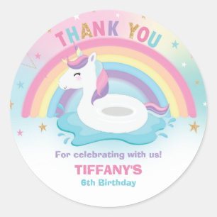 Sticker Rond Rainbow Unicorn Pool Floatie Anniversaire Fête Fav
