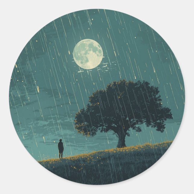Sticker Rond Rainy Solitude – Lonely Person & Tree Illustration (Devant)