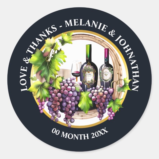 Sticker Rond Raisin de vin à l'aquarelle bouteilles verre rond  (Devant)