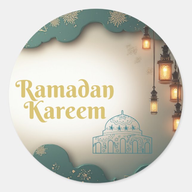 Sticker Rond Ramadan Élégance Lanternes Vertes et Dorées et Mos (Devant)