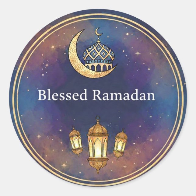 Sticker Rond Ramadan Mubarak Nuit Élégante Étoiles & Lanterne e (Devant)