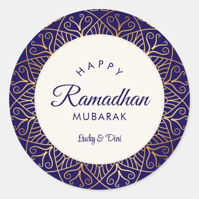 Sticker Rond Ramadhan Mubarak Navy et Golden Mandala (Devant)