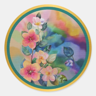 Sticker Rond Rameau printanier aquarelle coloré avec des fleurs