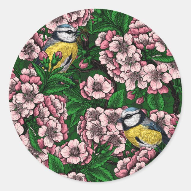 Sticker Rond Rameaux bleus dans le cerisier en fleurs en vert (Devant)