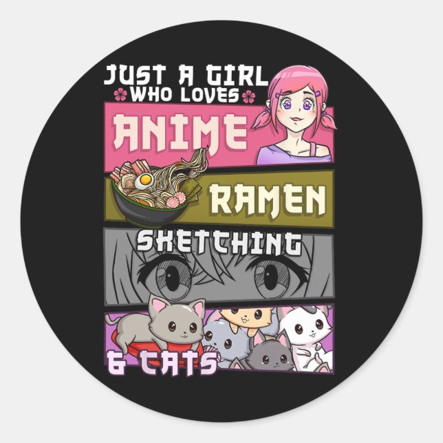 Sticker Rond Ramen Cat Anime Sketching Just A Girl Qui Aime (Devant)