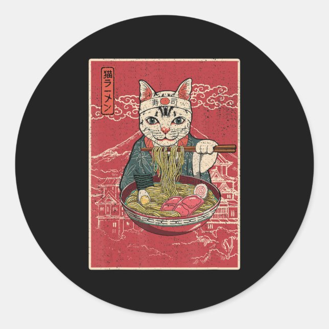 Sticker Rond Ramen Cat Kawaii Anime Japonaise Food Girls Offici (Devant)