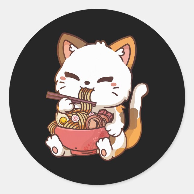 Sticker Rond Ramen Chat Anime Kawaii Chat Manger Ramen (Devant)