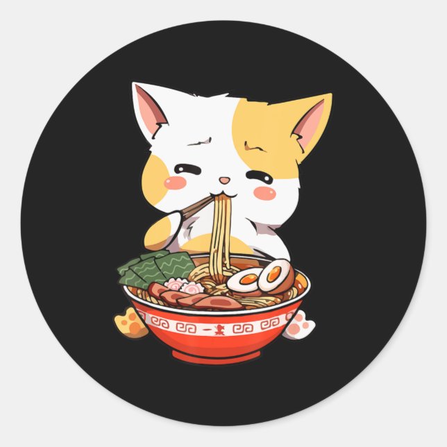 Sticker Rond Ramen Chat Manger des nouilles Kawaii Anime Merch  (Devant)