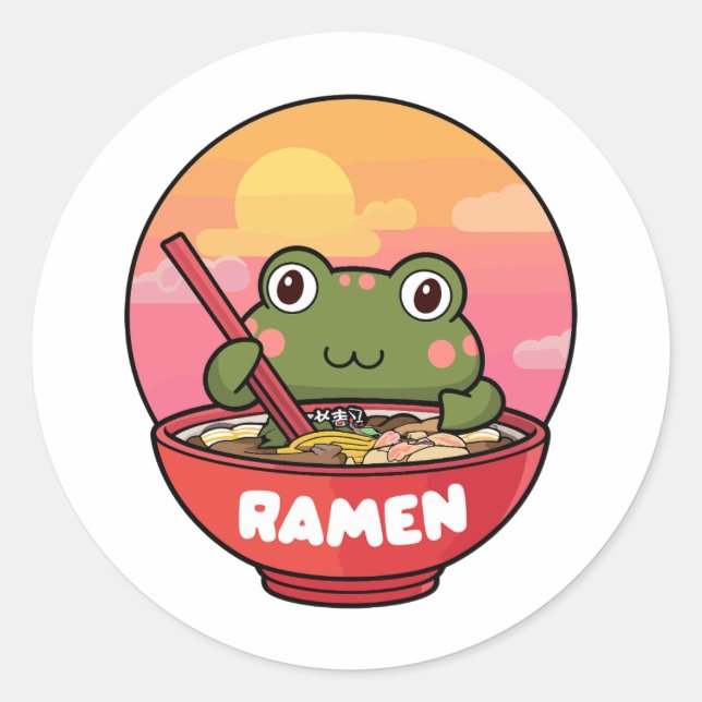 Sticker Rond Ramen mangeant des grenouilles de Kawaii (Devant)