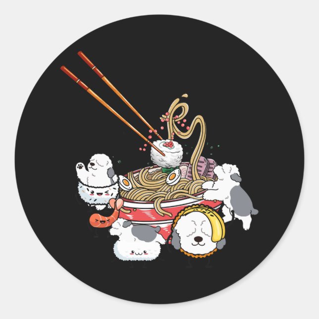 Sticker Rond Ramen Sushi Vieux anglais Sheepdog Chien Nourritur (Devant)