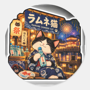 Sticker Rond Ramune Chat Festival d'été Japonais Feux d'artific