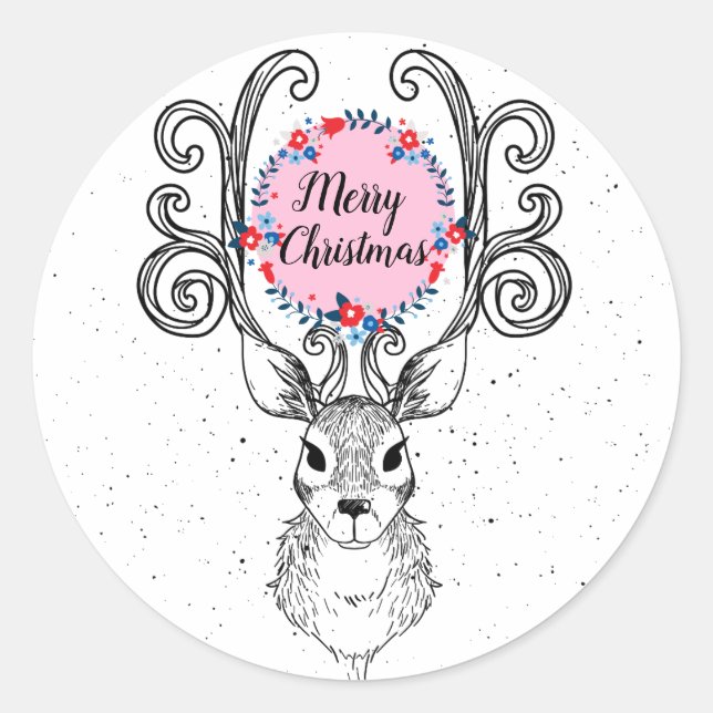 Sticker Rond Ramure de Renne et Couronne de Fleurs de Fêtes (Devant)