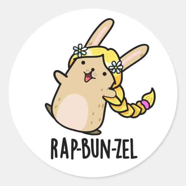 Sticker Rond Rap-bun-zel Funny Bunny Pun (Devant)