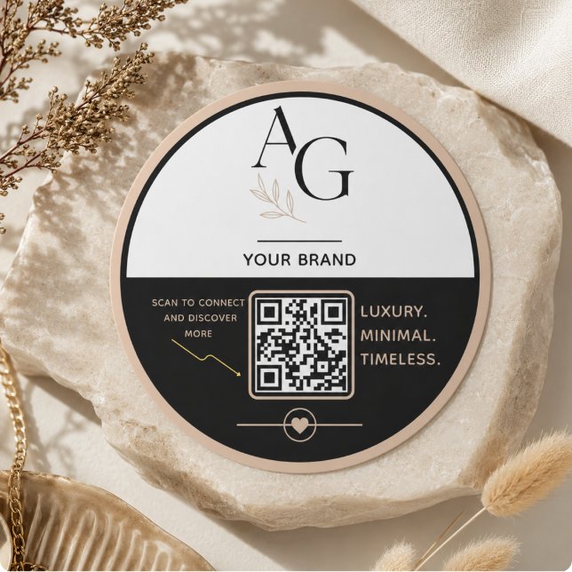 Sticker Rond Rappel de rendez-vous QR Code Luxe Noir Beige (Black Beige Luxury QR Code Appointment Reminder Classic Round Sticker)