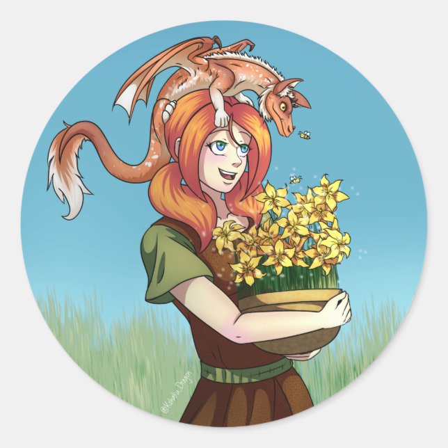 Sticker Rond Rassembler les fleurs avec un dragon (Devant)
