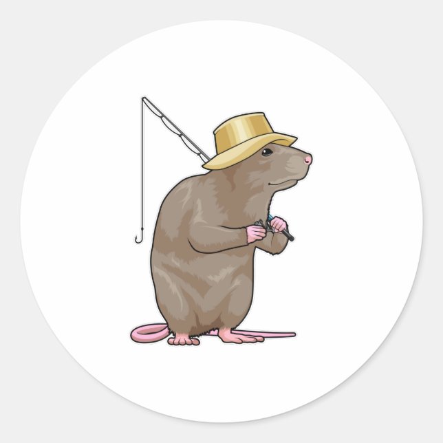 Sticker Rond Rat à la pêche avec bâton de pêche (Devant)