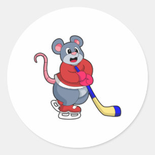 Sticker Rond Rat au hockey sur glace avec bâton de hockey sur g