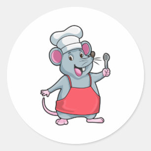 Sticker Rond Rat comme Chef avec tablier de Cuisine et cuillère